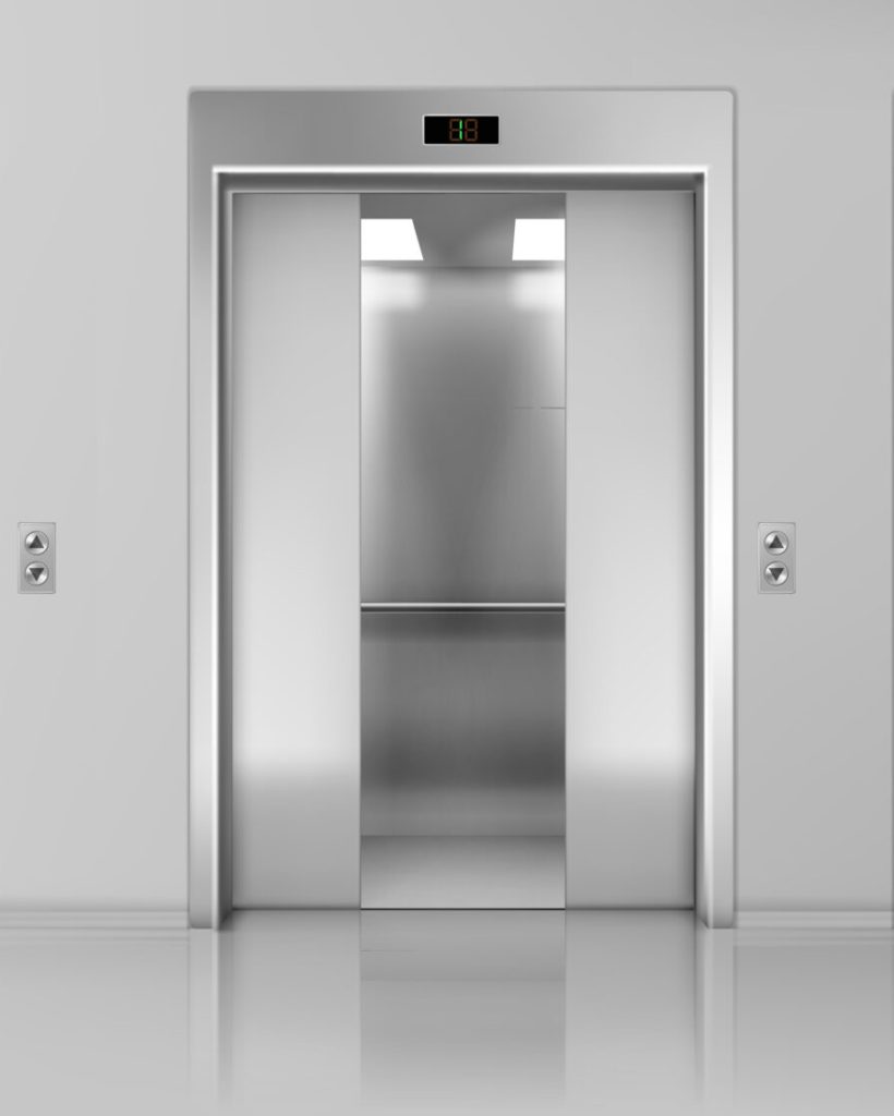 Modern passenger or cargo elevators, lifts with closed, opened and half closed, metallic cabins doors, floor indicators digits and glossy flooring in empty corridor 3d realistic vector illustration